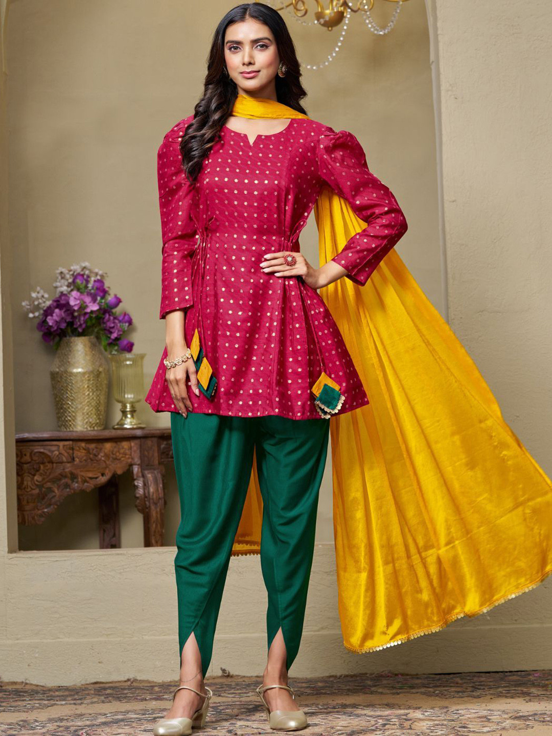 Sangria Women Cotton Silk Zari Embroidered Kurti Dhoti and Dupatta Set