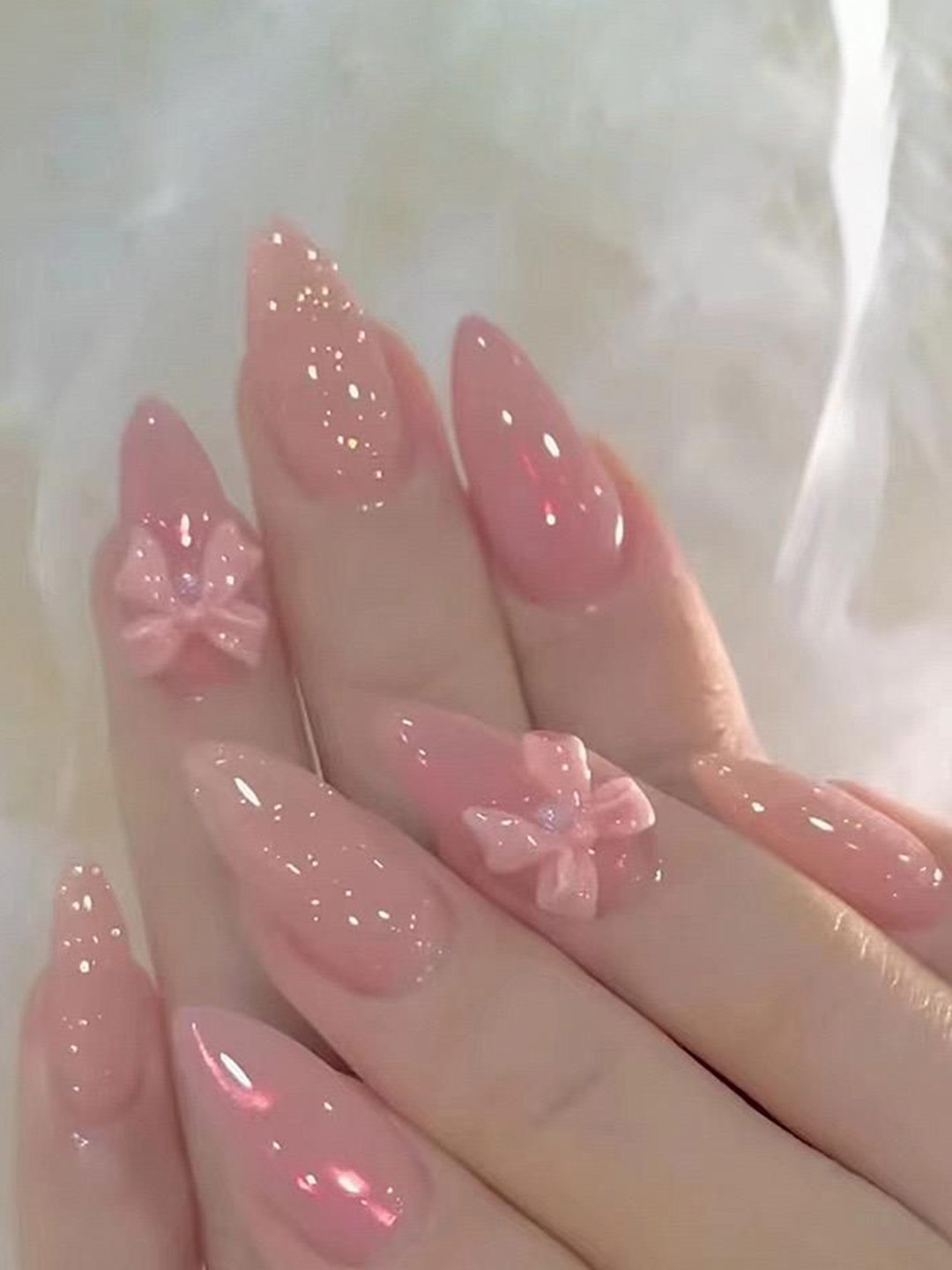 The Pink Truck Set Of 24 Artificial Reusable Nail Art Kit - Butterfly Pink Bowtie