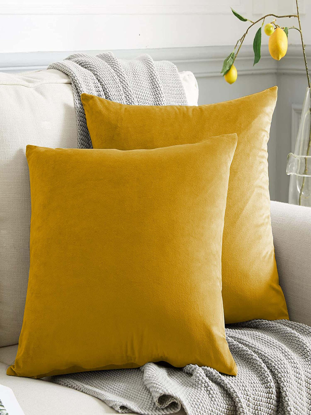 CASABLEU Rainbow Yellow Velvet Durable 2 Pcs Square Cushion Covers - 16 x 16 In