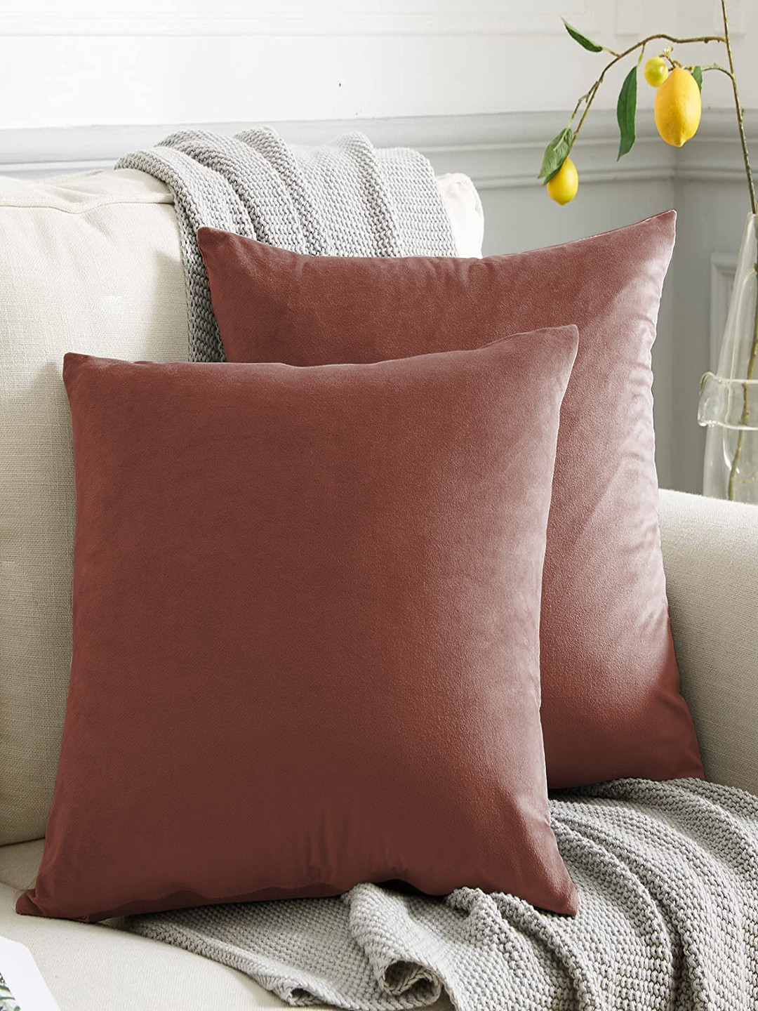 CASABLEU Orange Velvet Durable 2 Piece Square Cushion Covers - 16 x 16 Inches