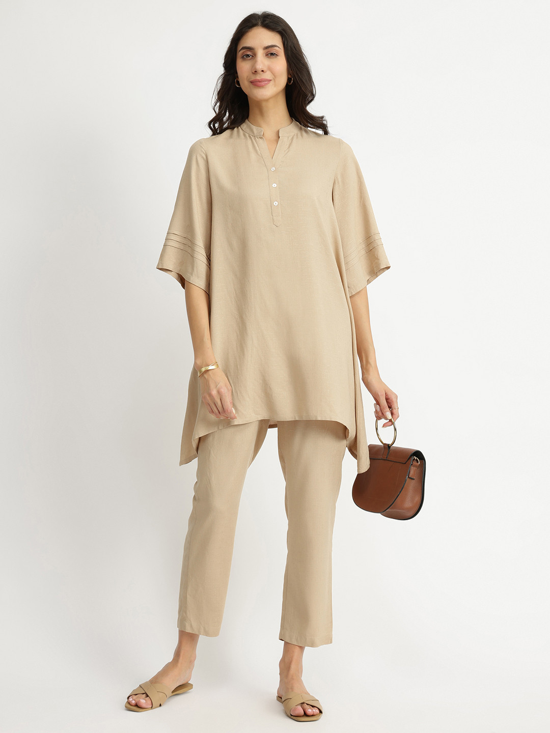 Pink Fort Soft Textured Rayon Solid Co-ord Set - Beige