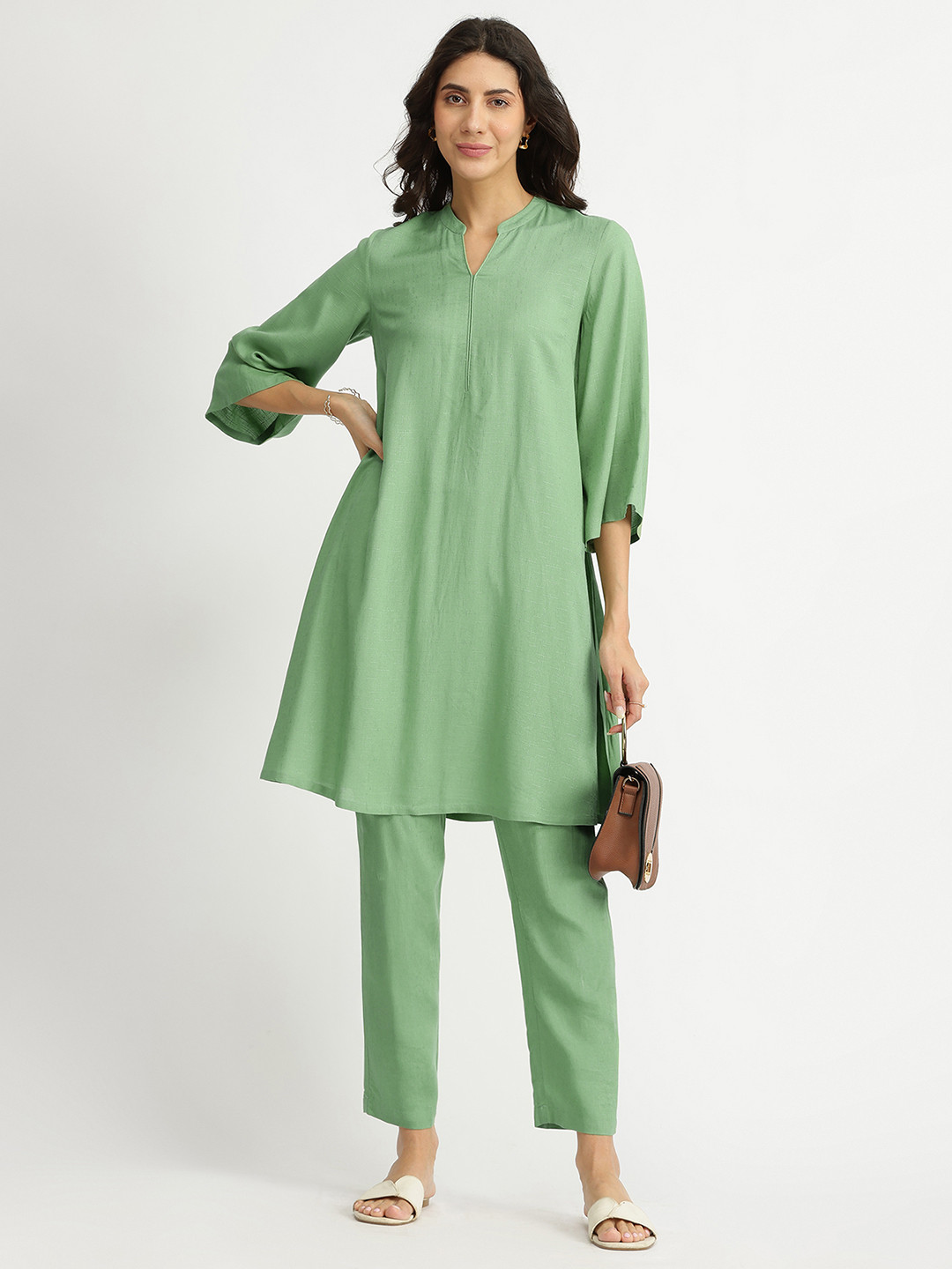 Pink Fort Soft Textured Rayon Solid Co-ord Set - Green