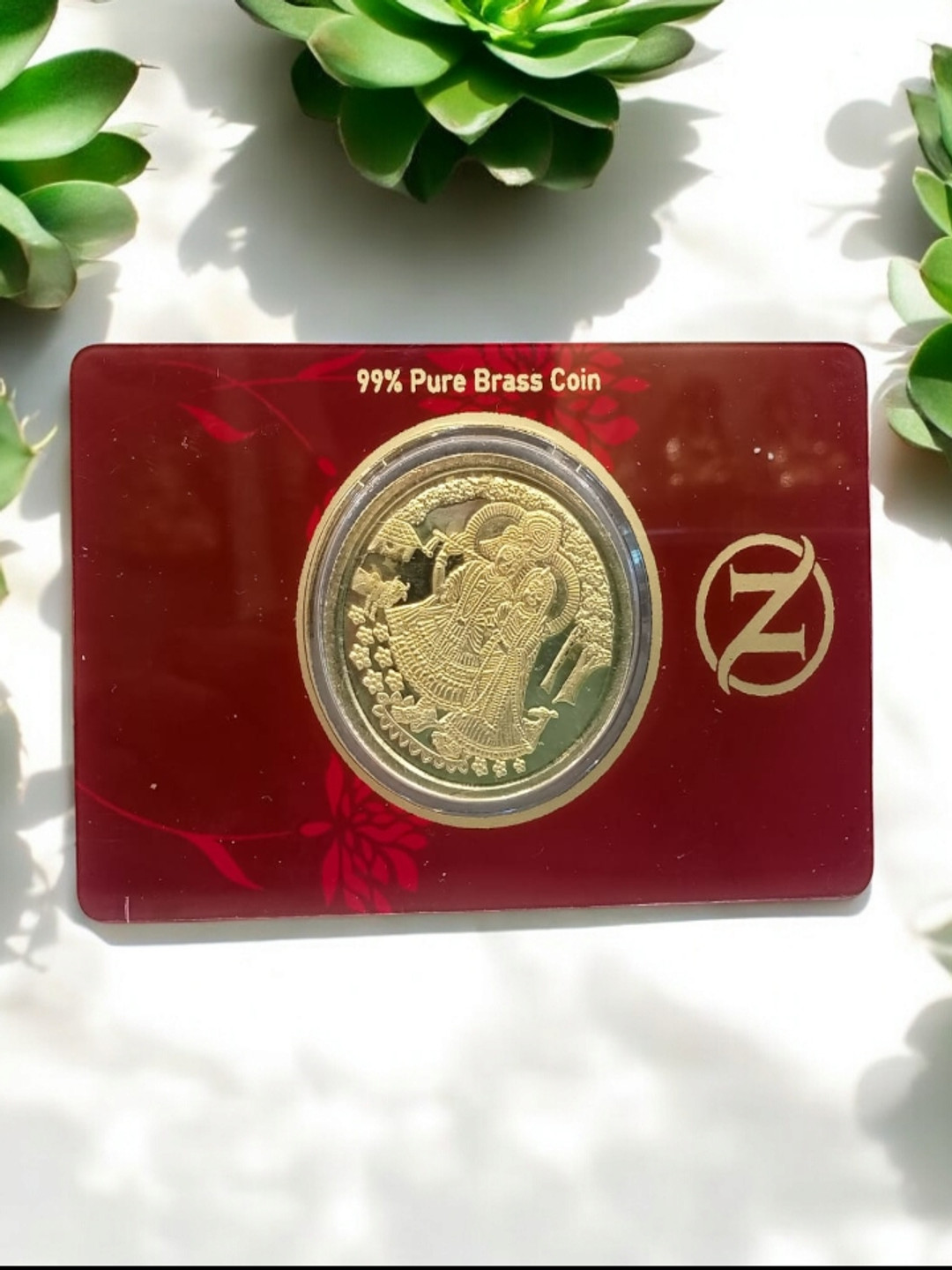 SANKALAN CREATIONS Radha Krishna Commemorative Coin Gold Brass Metallic Prayer Room Small Showpiece -