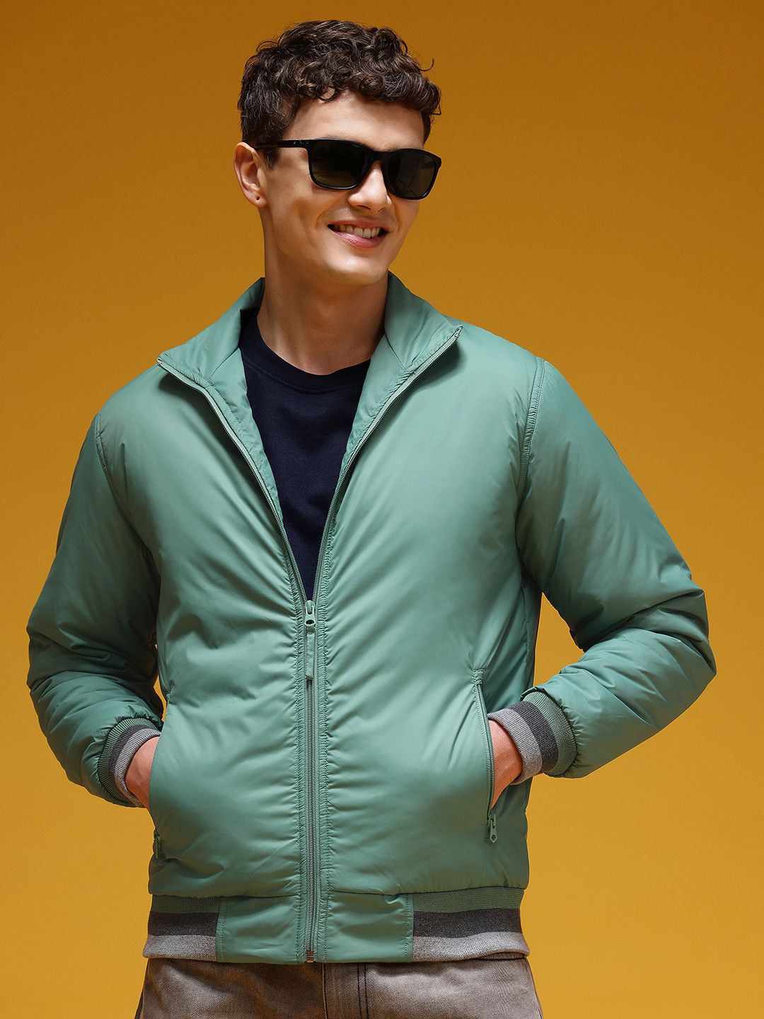 HERE&NOW Mock Collar Regular Fit Bomber Jacket - Image 1
