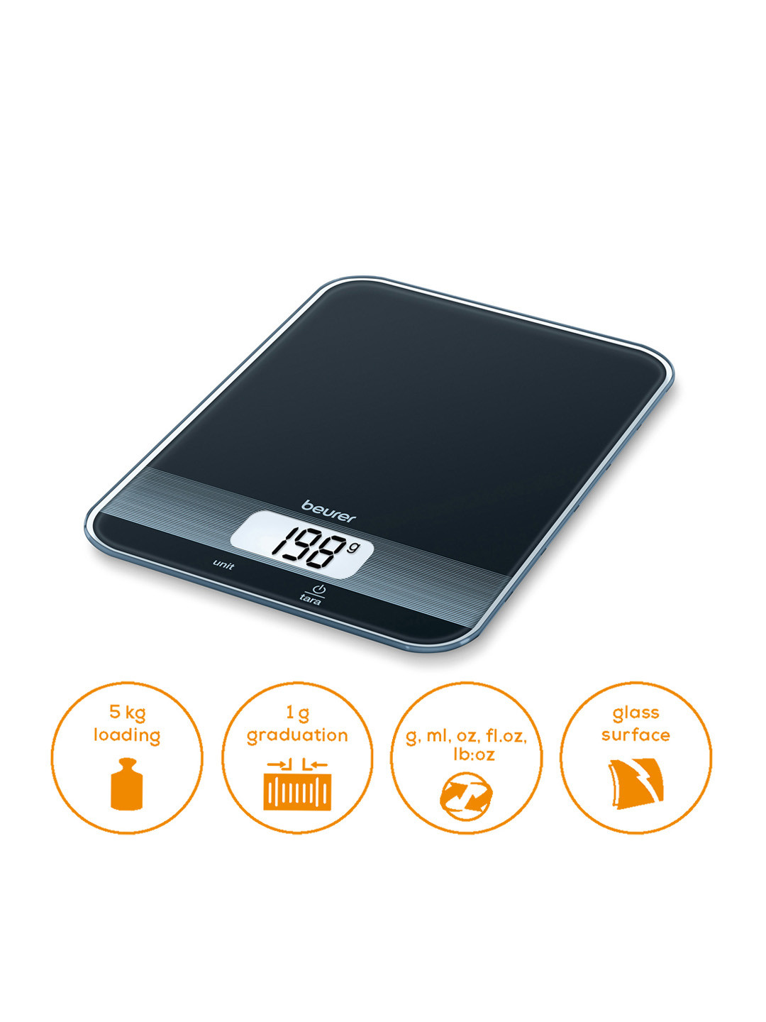 beurer KS 19 Black & Grey Ultra Slim LCD Display Kitchen Weighing Scale