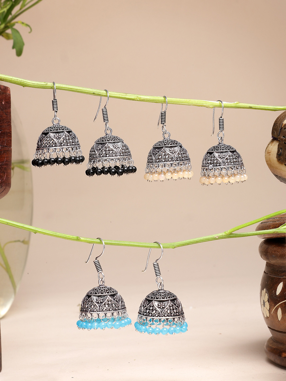 Sangria Women Pair of 3 Multicolor Artificial Beads Oxidized Silver Plated Jhumka Earrings