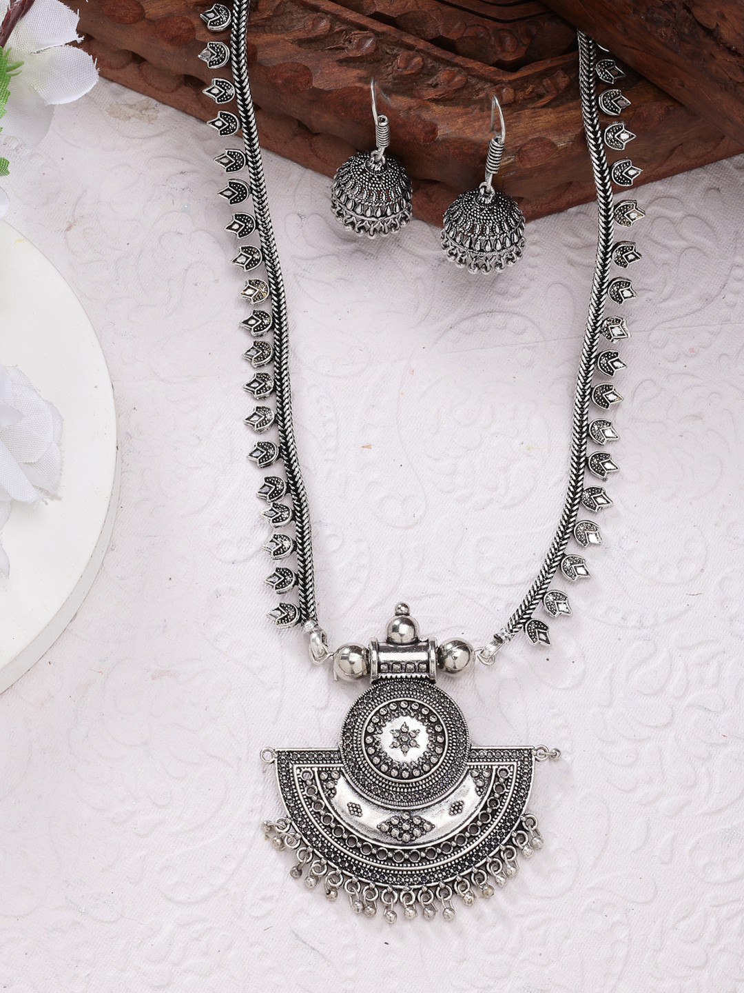 Sangria Women Silver-Toned German Silver Oxidised Necklace with Jhumka Earrings