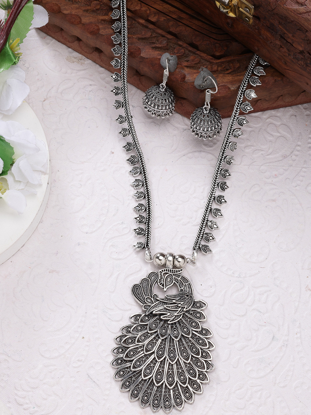 Sangria Women Silver-Toned Peacock Design Oxidized Necklace with Jhumka Earrings