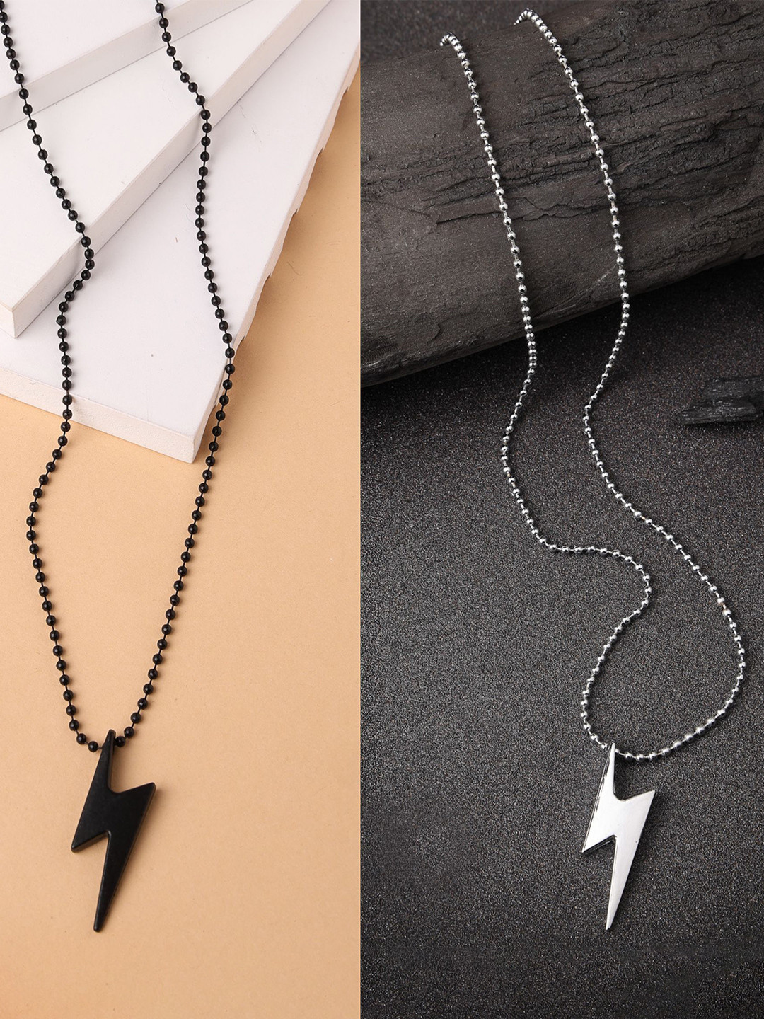 Roadster Men Set of 2 Black & Silver Flash Pendent with Chain
