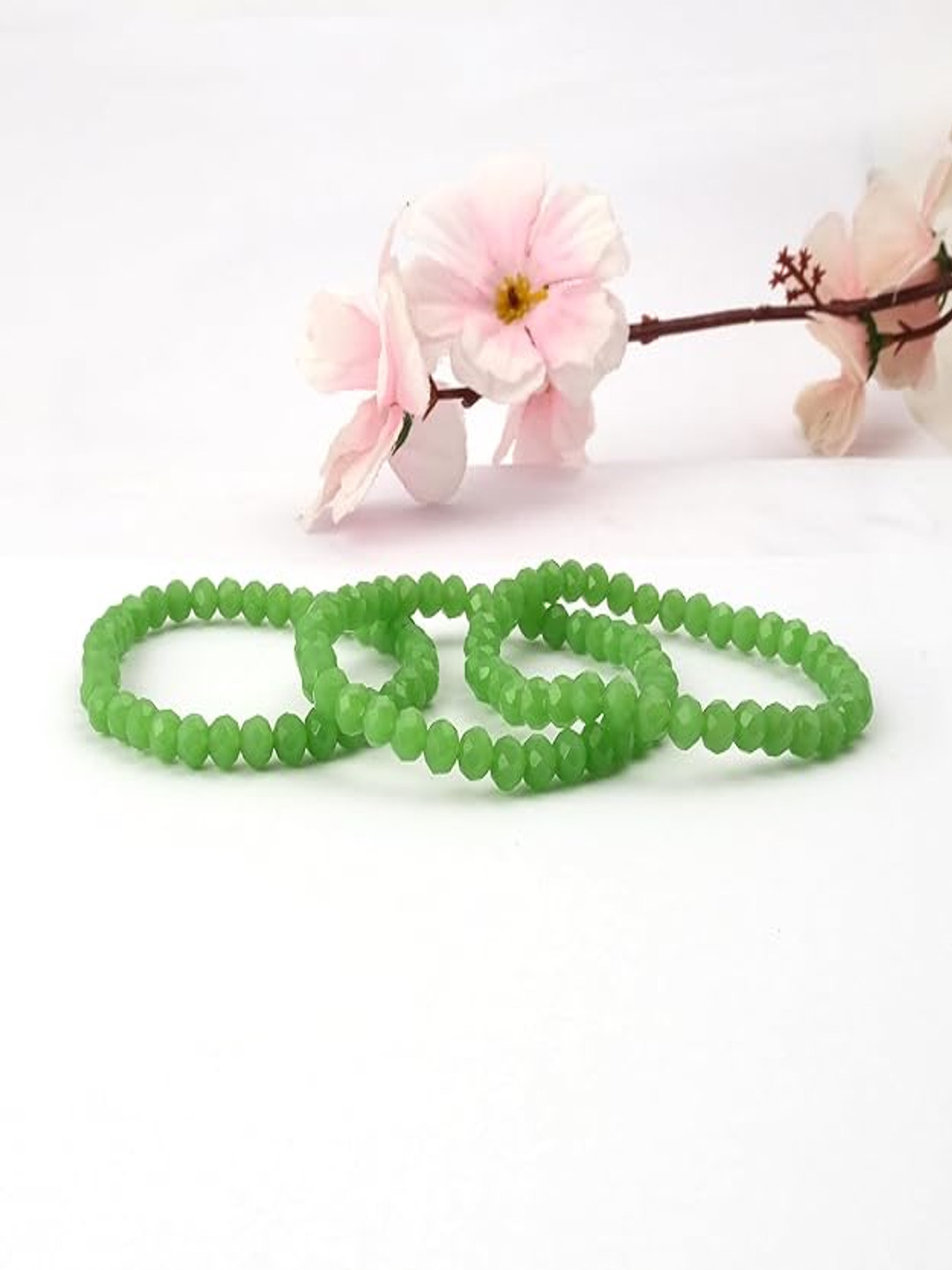 SANKALAN CREATIONS Beaded Stretch Bracelet Green Stone Glossy Prayer Room Lights Set of 3 Small Showpieces -