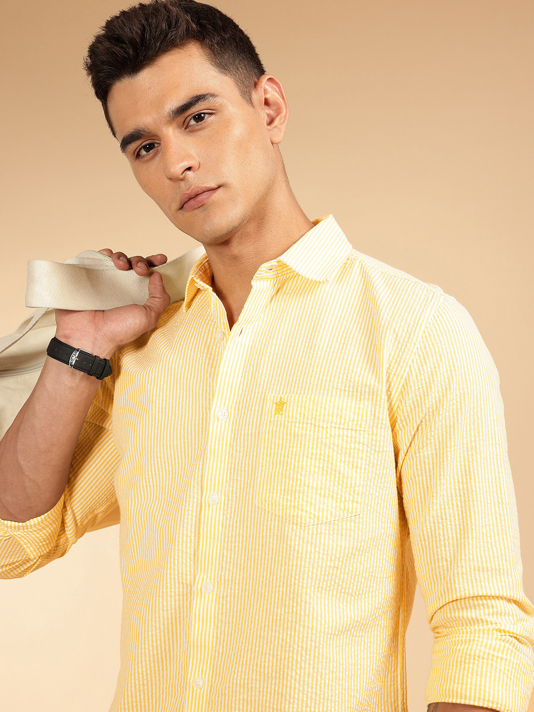 French Connection Men Smart Slim Fit Striped Seersucker Casual Shirt