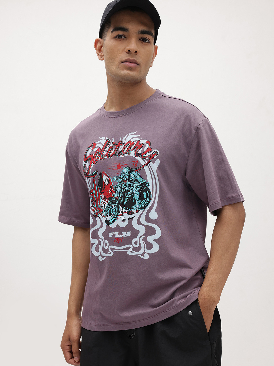 The Roadster Life Co Printed Drop-Shoulder Sleeves Pure Cotton T-shirt
