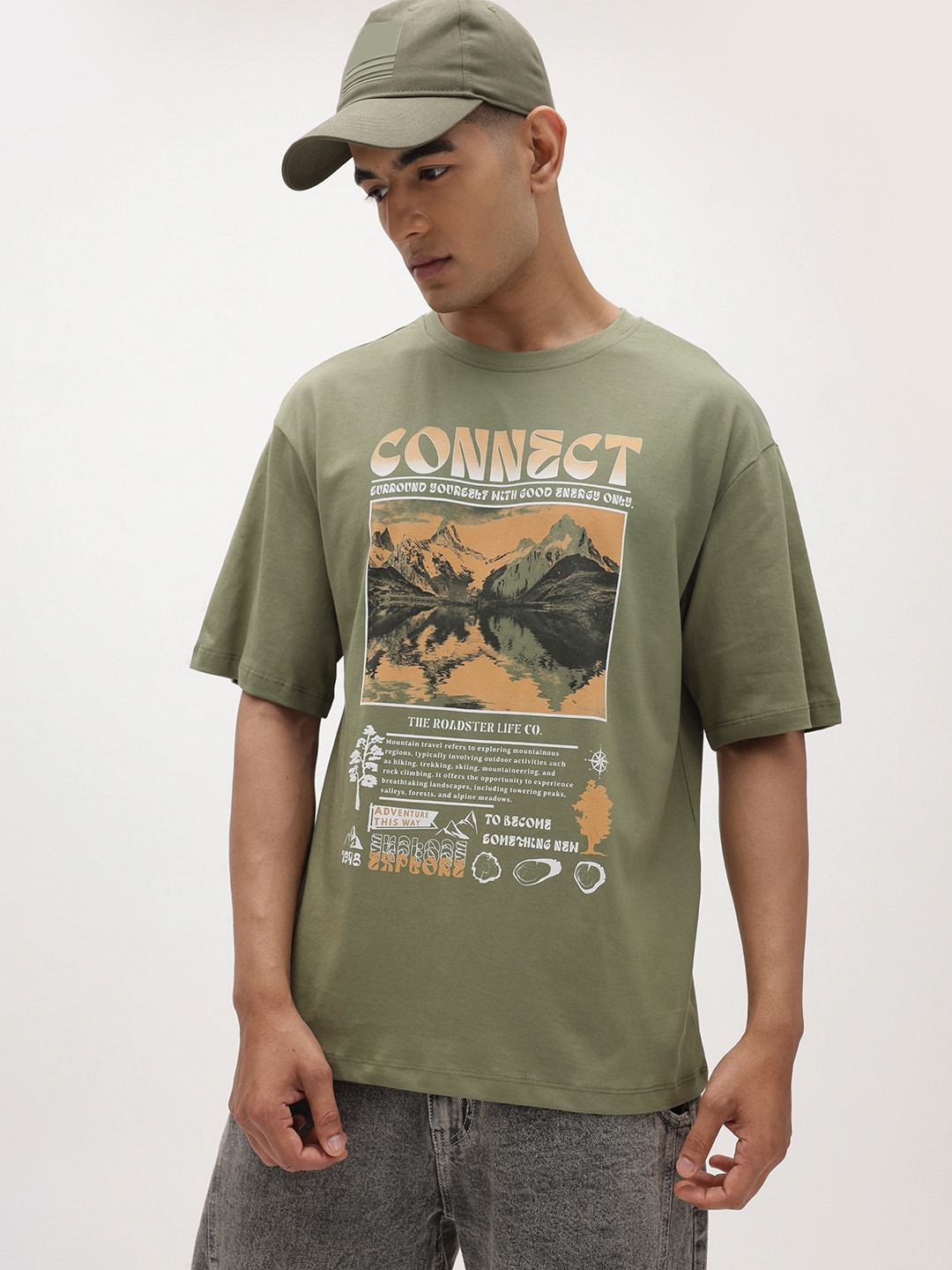 The Roadster Life Co Printed Drop-Shoulder Sleeves Pure Cotton Relaxed Fit T-shirt