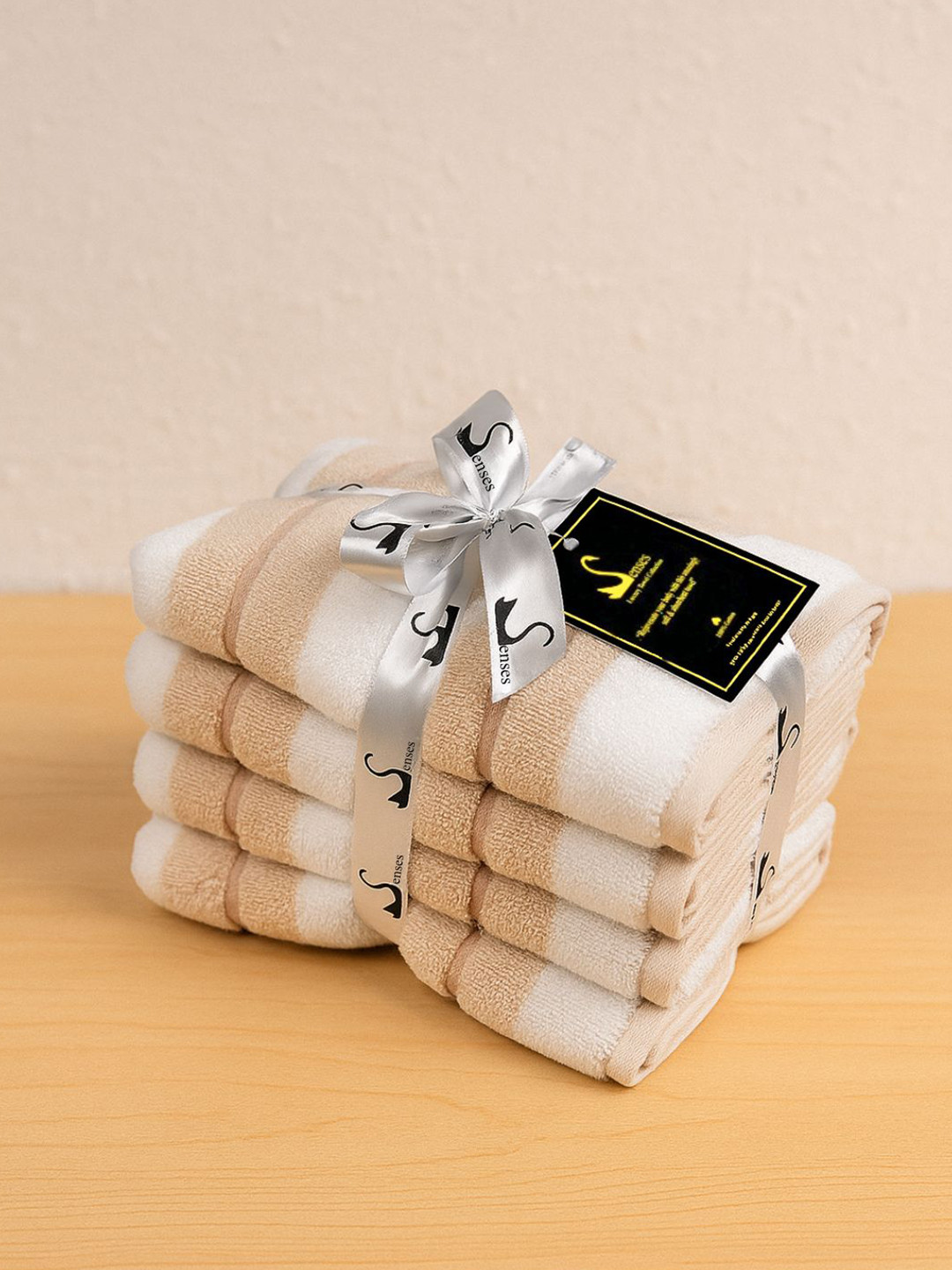 SENSES 4-Pcs Brown & White Striped Cotton 500GSM Yarn Dyed Zero Twist Hand Towels