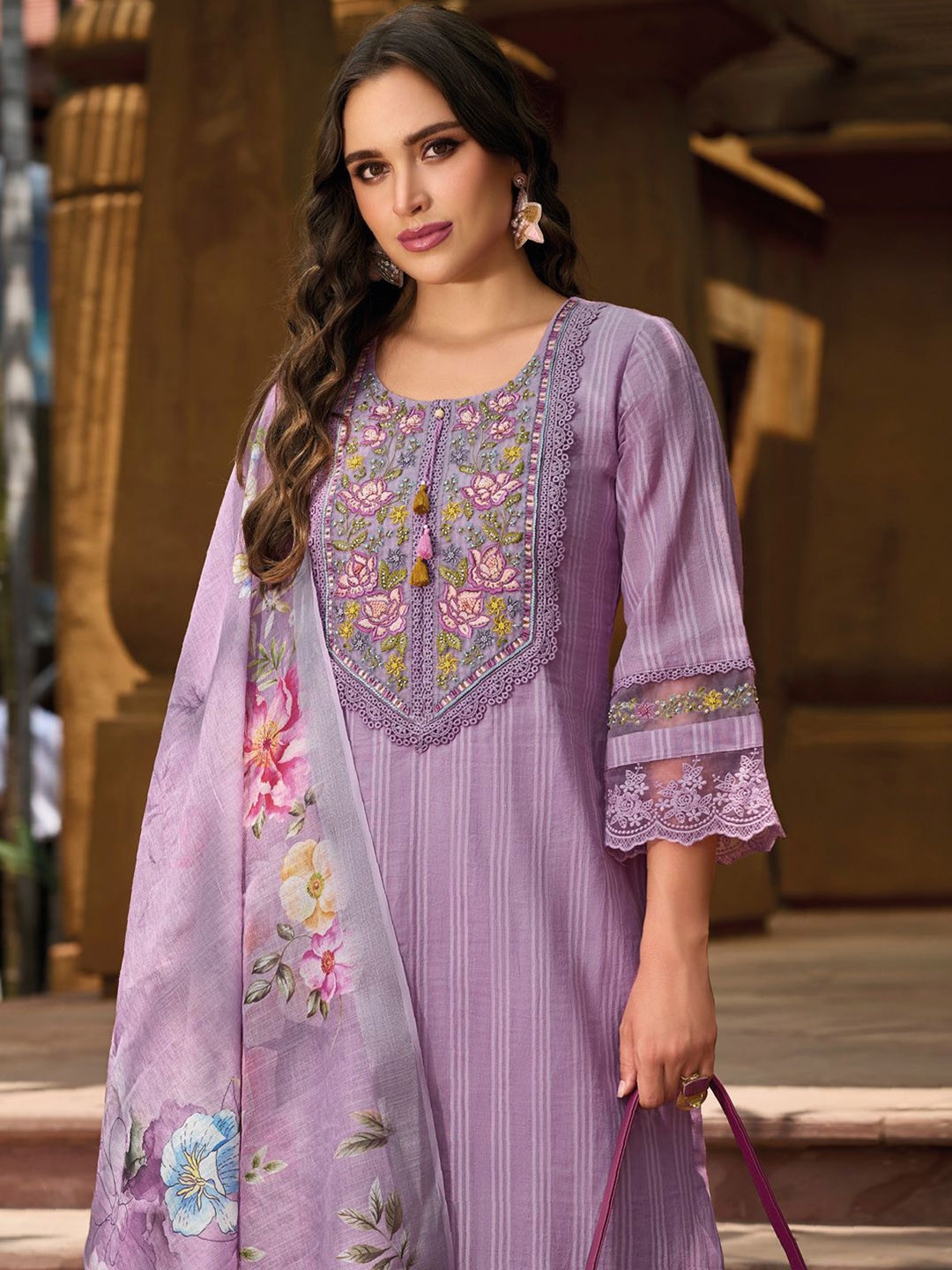 Indo Era Women Floral Yoke Design Thread Work Linen Kurta with Trousers & With Dupatta