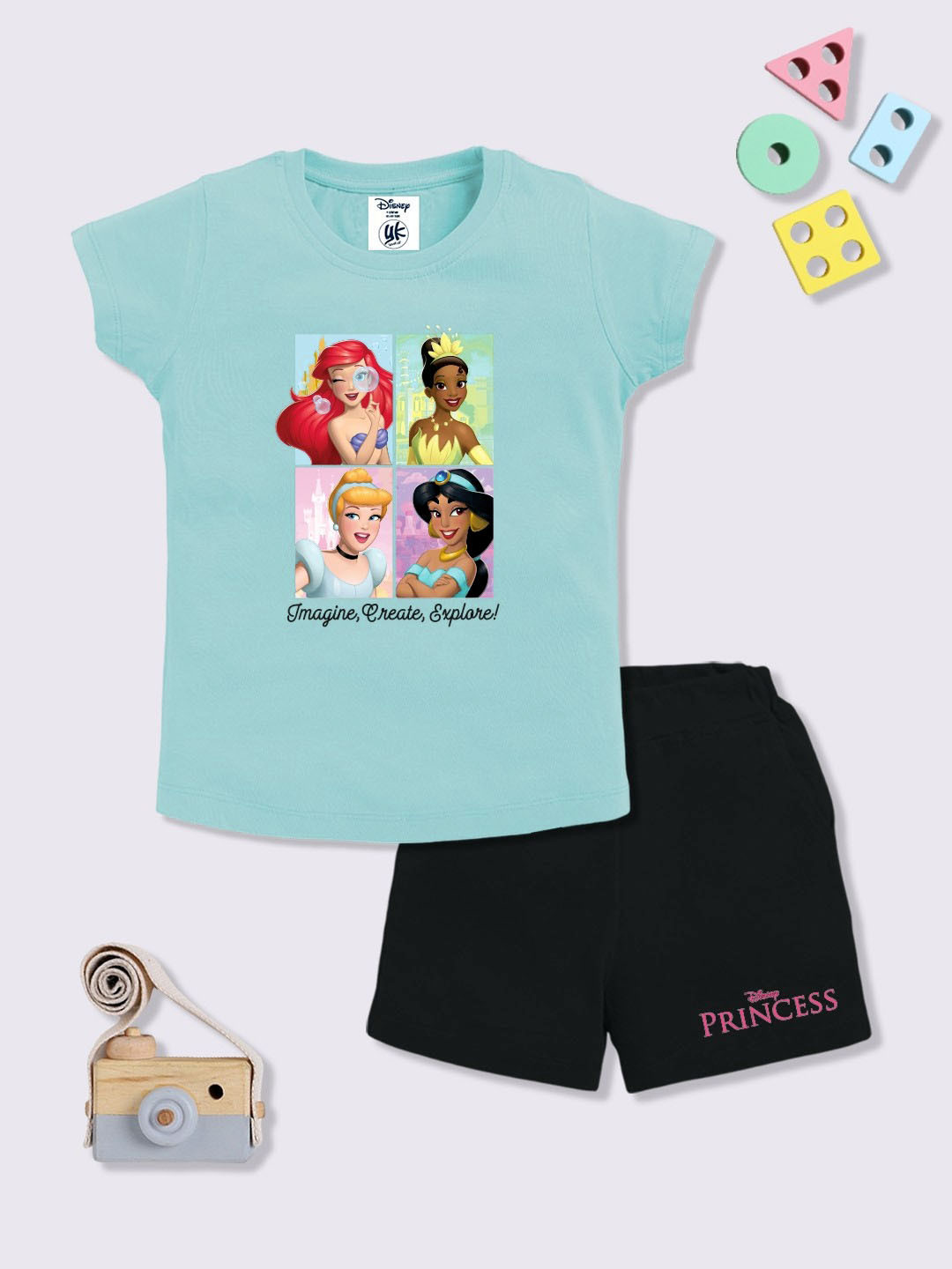 YK Disney Girls Disney Princess Printed Pure Cotton T-shirt with Shorts