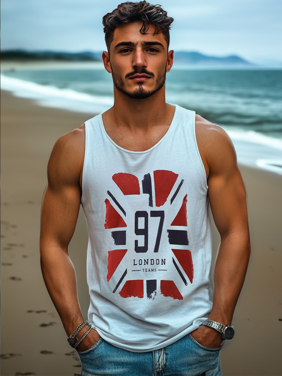 VEIRDO London Flag Printed Pure Cotton Gym Vests VST_G4_97LNDN_WHT