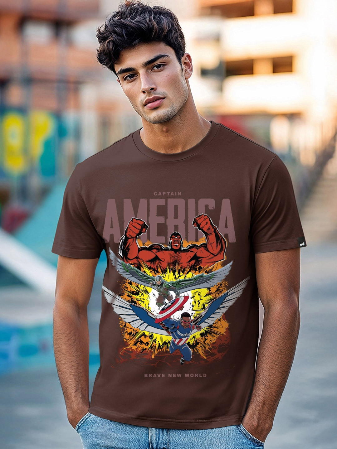 Bewakoof Official Marvel Merchandise Men's Brown Captain Graphic Printed T-shirt