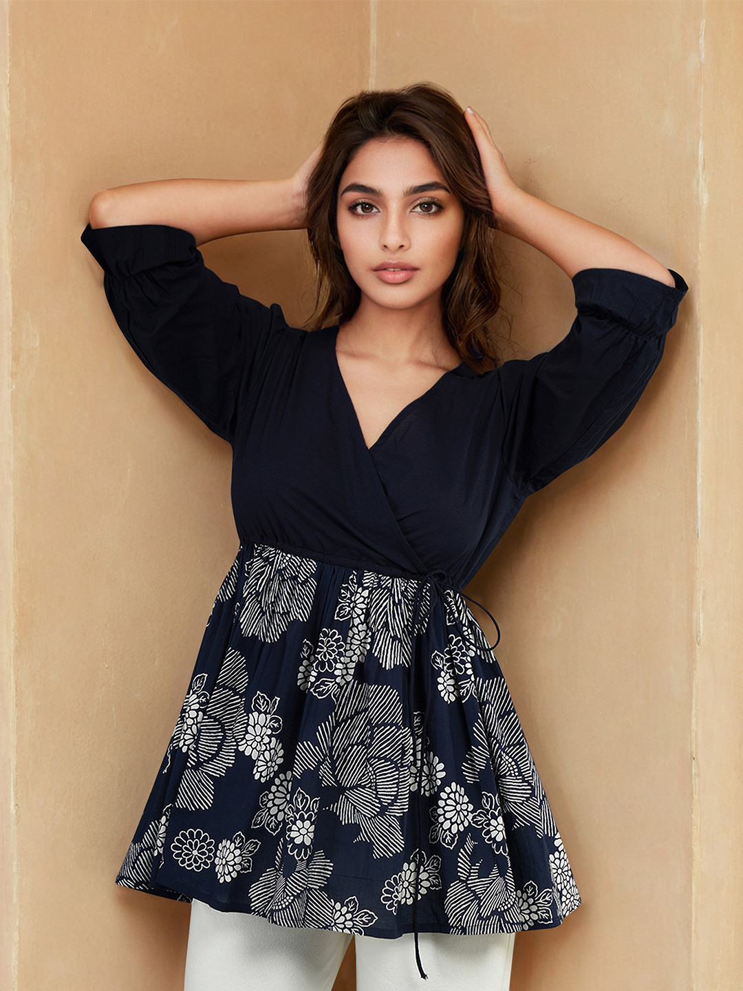 Dora Dori Floral Print Puff Sleeve Cotton Peplum Top