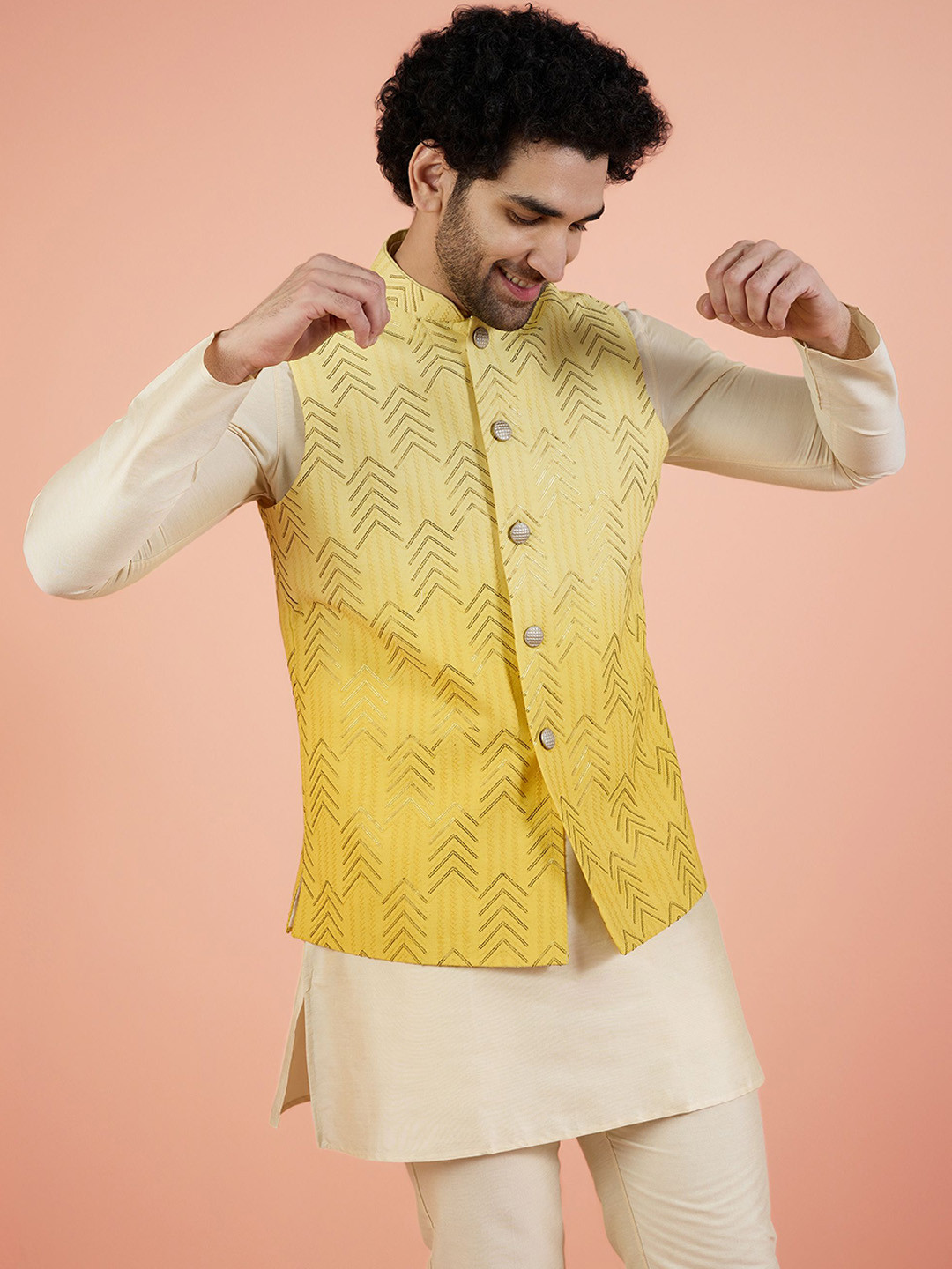 KISAH Sequin Embellished Nehru Jacket With Pocket Square