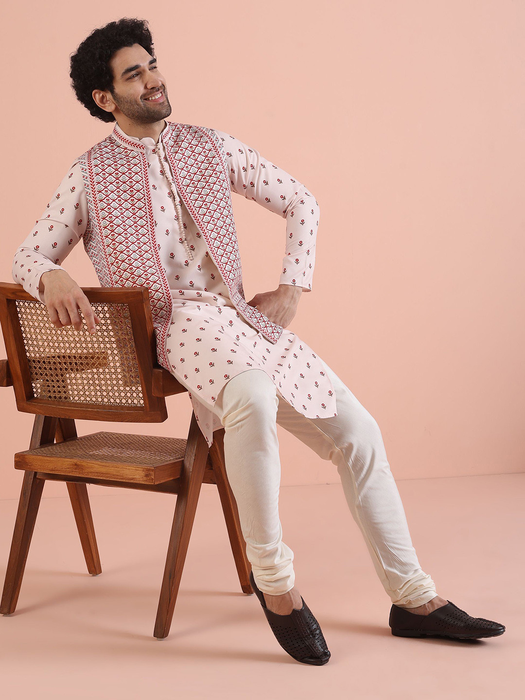 KISAH Men Printed Floral Kurta Front Open Jacket Churidar