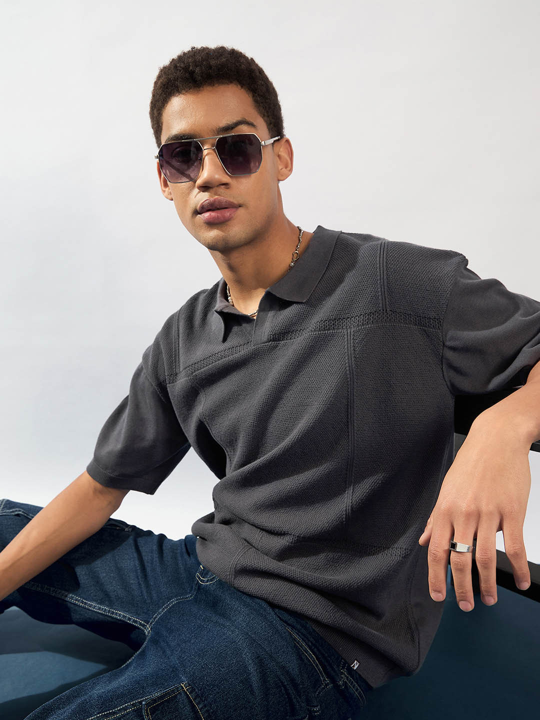 DENNISON Oversized Polo Collar Knitted Pure Cotton T-Shirt