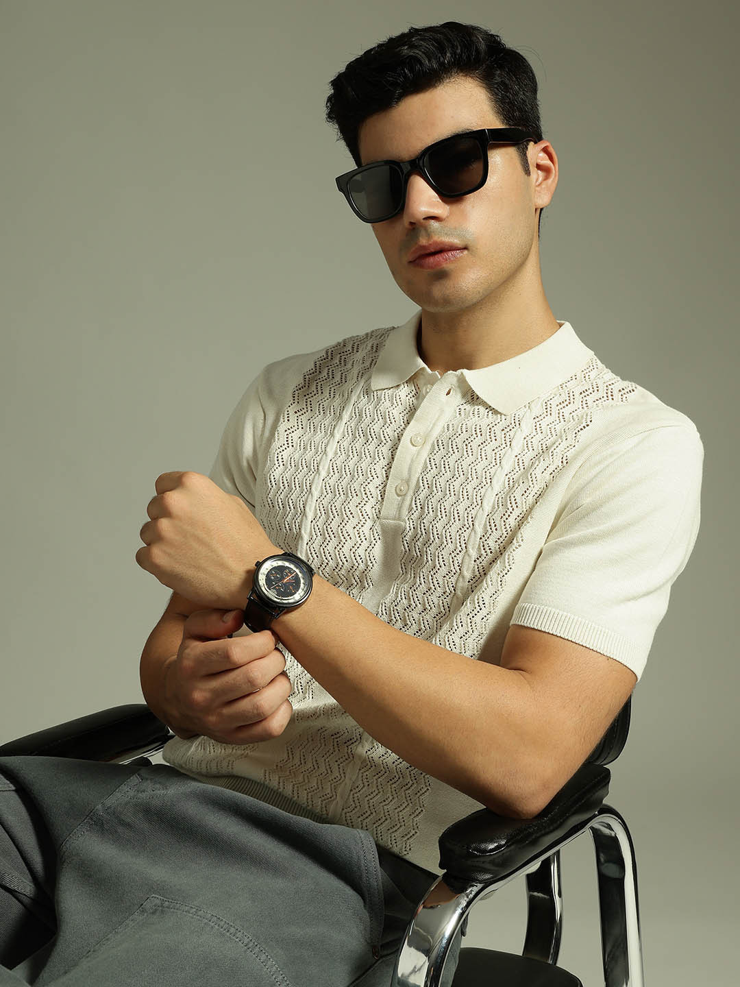 DENNISON Men Textured Semi Sheer Polo Collar Stretchex T-shirt