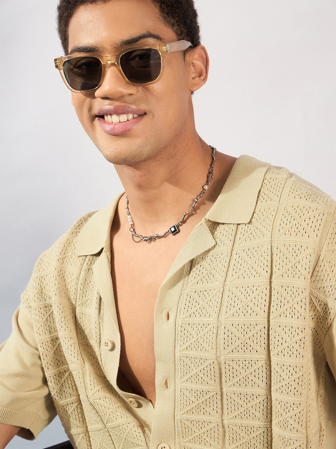 DENNISON Men Textured Polo Collar Front Open T-Shirt