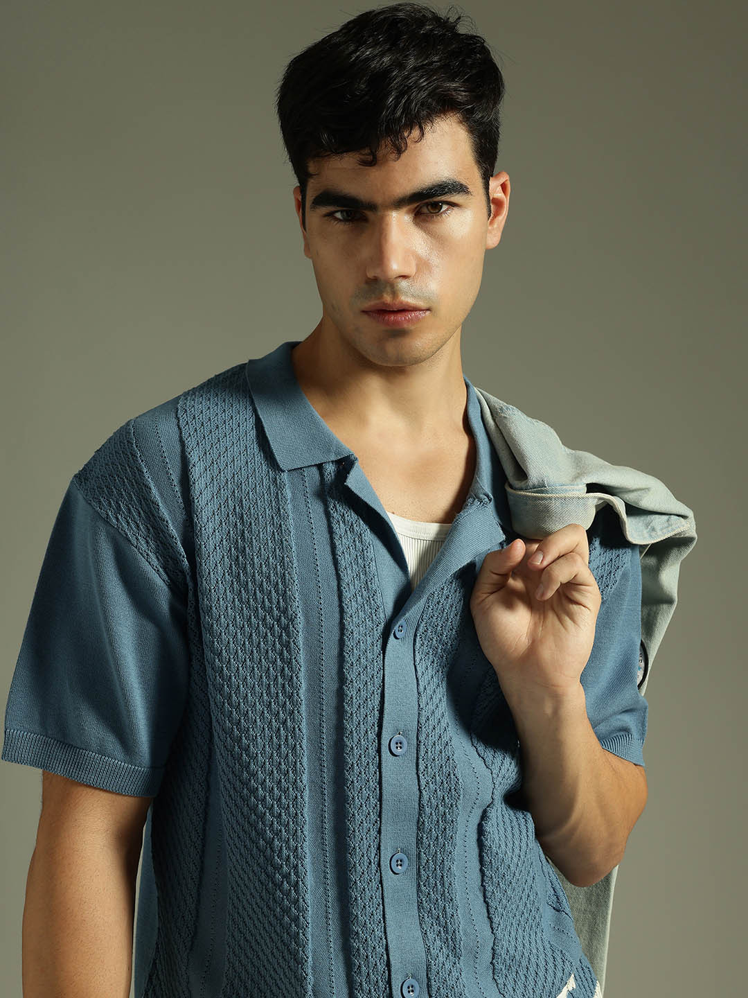 DENNISON Textured Polo Collar Front Open Oversized T-Shirt