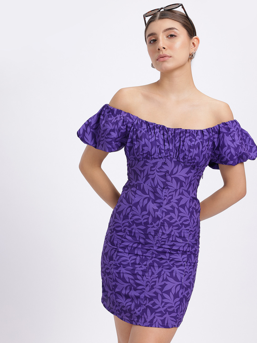 glitchez Floral Print Off-Shoulder Ruched Mini Dress