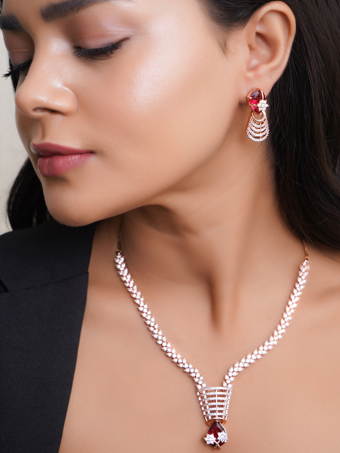 Adwitiya Collection Rose Gold-Plated American Diamond Ruby & Kundan Studded Jewellery Set