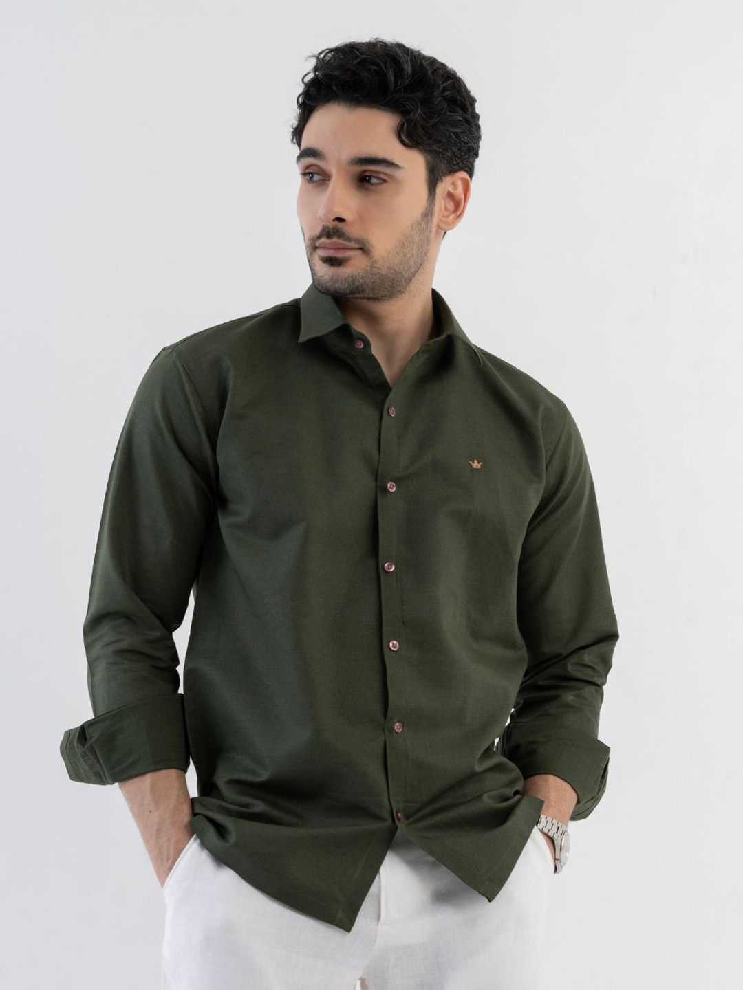 VELLURE Men's Conquest Olive Green Linen Blend Full Sleeve Shirt