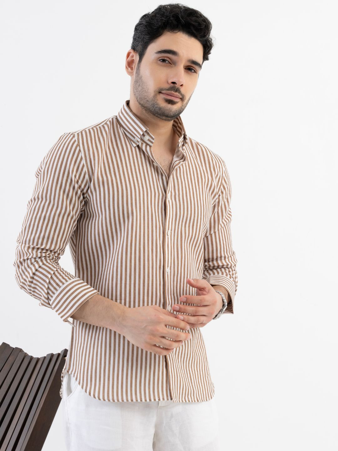 VELLURE Men's Pecan Brown Monaco Linen Striped Full Sleeve Shirt