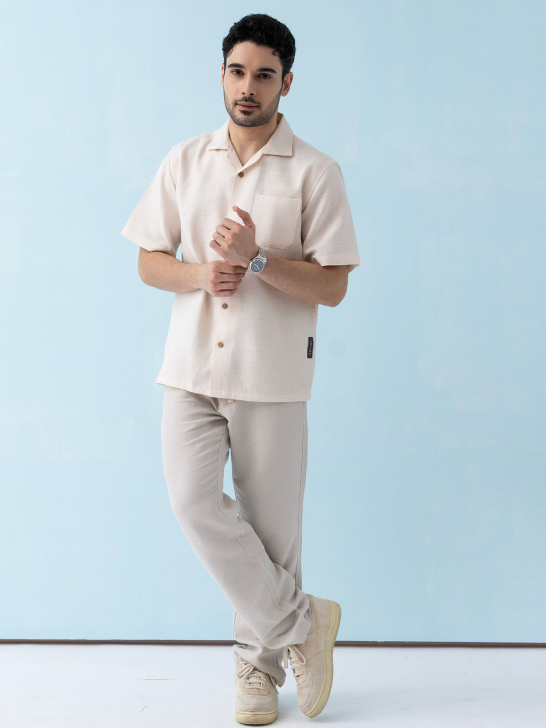 VELLURE Men's Rose Beige AirKnit Cuban Collar Half Sleeve Shirt