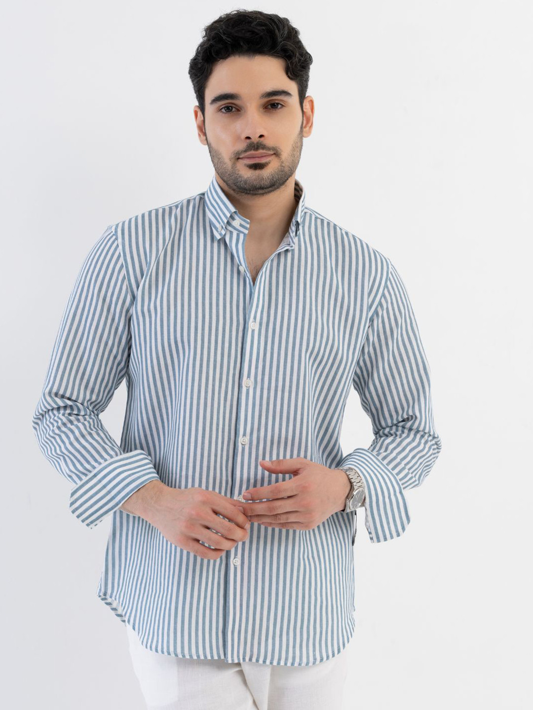 VELLURE Men's Amalfi Blue Monaco Linen Striped Full Sleeve Shirt