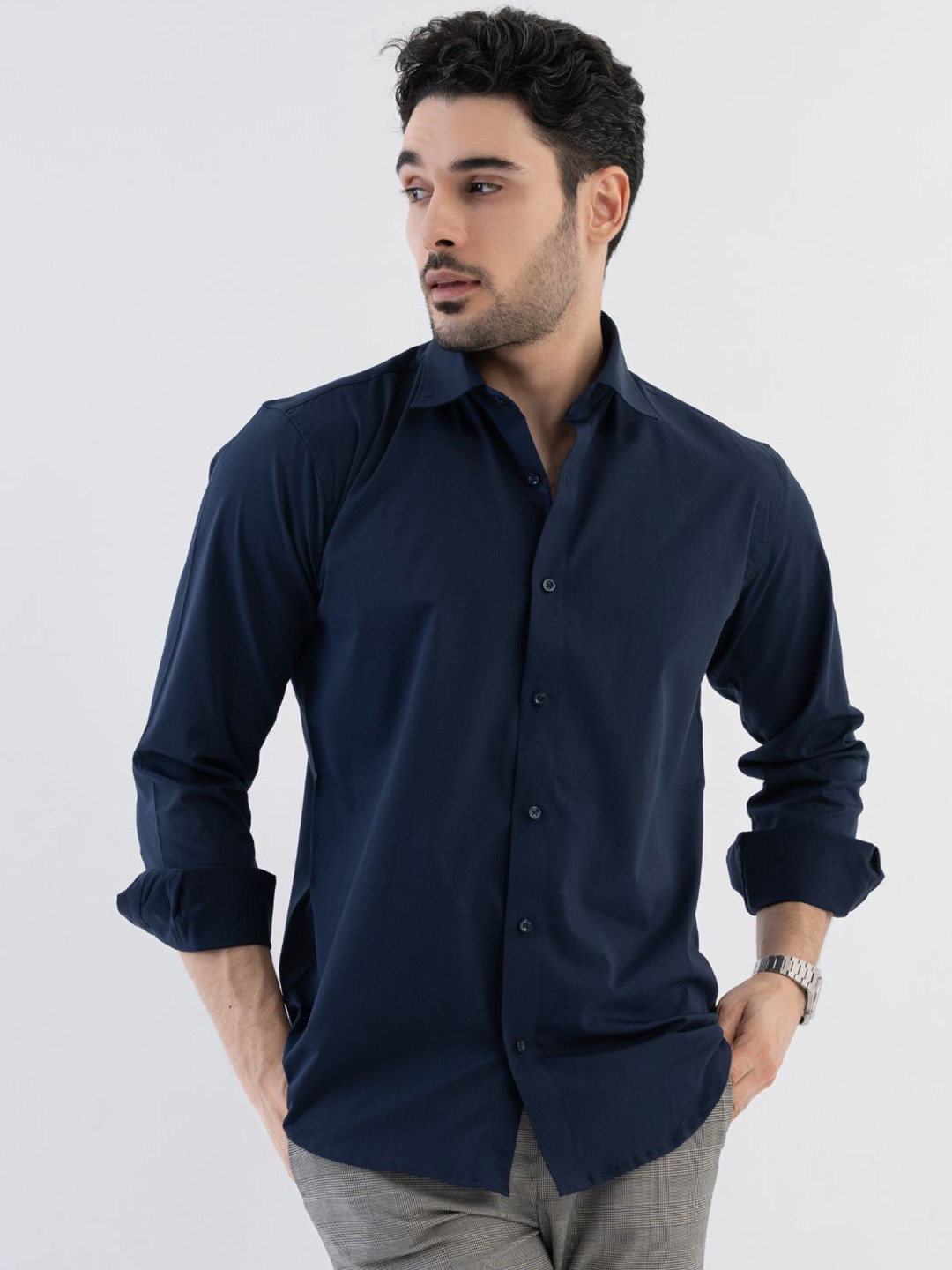 VELLURE Men's Oxford Navy Solid Giza Satin Full Sleeve Shirt