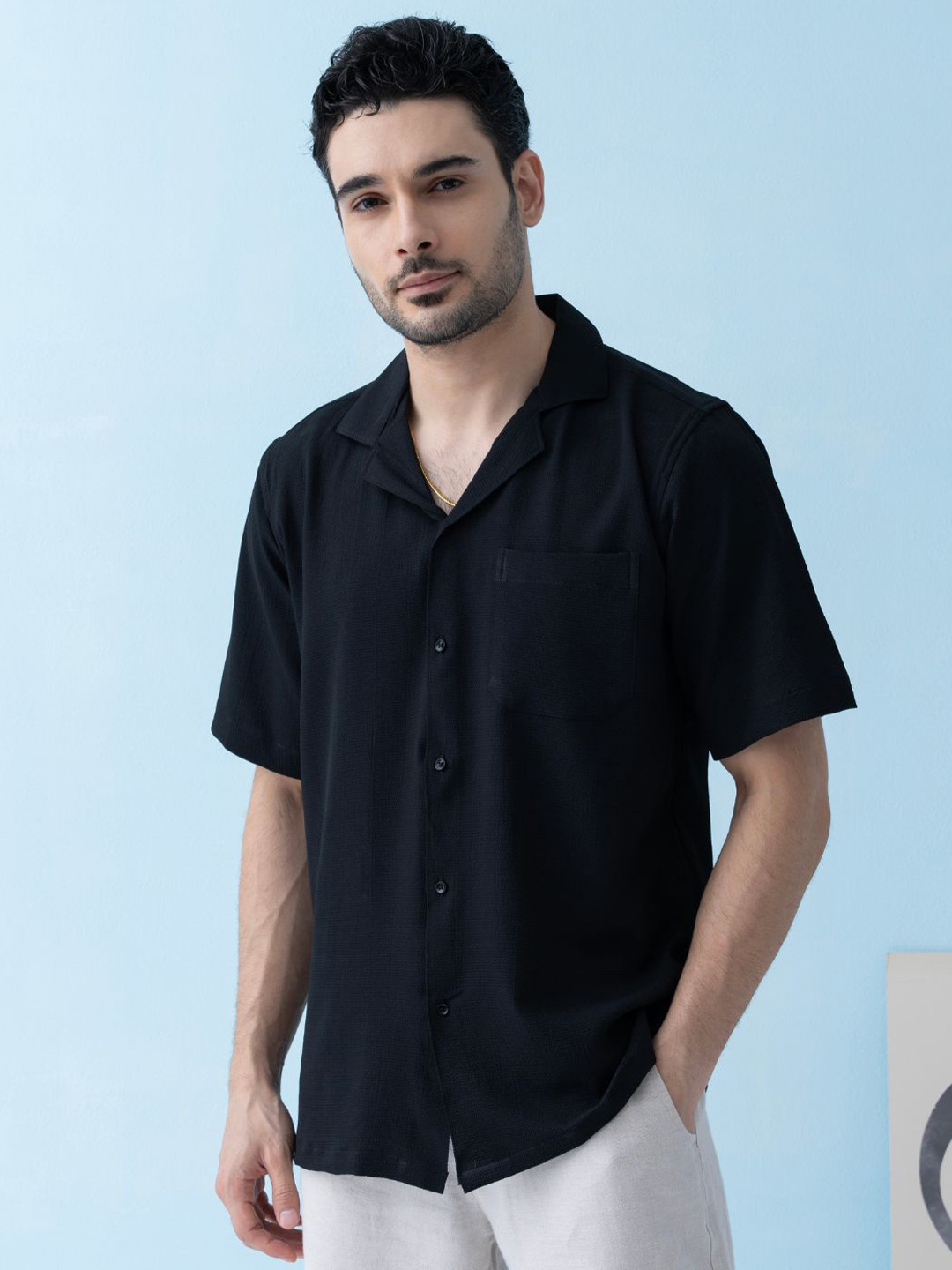 VELLURE Men's Ripple Cuban Collar Half Sleeve Shirt