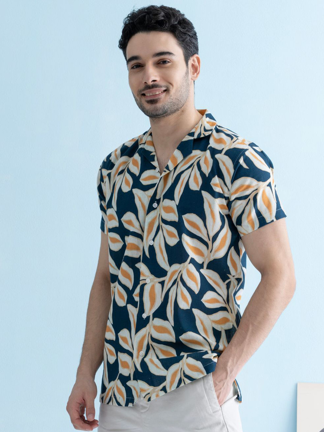 VELLURE Men's Sunset Navy Coastline Hemp Cuban Half Sleeve Shirt