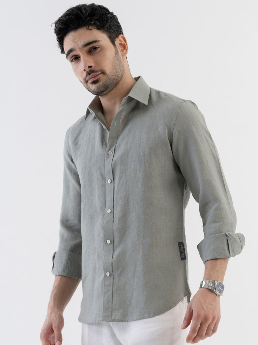 VELLURE Men's Lust Sage Pure Linen Soft Touch Full Sleeve Shirt