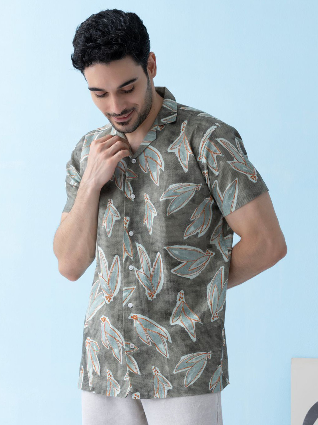 VELLURE Men's Leafy Sage Coastline Hemp Cuban Half Sleeve Shirt