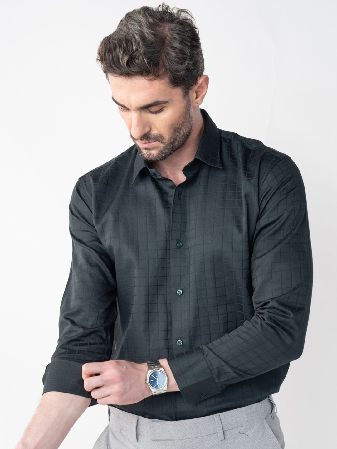 VELLURE Men's Rainforest Olive Checkmate Giza Satin Full Sleeve Shirt