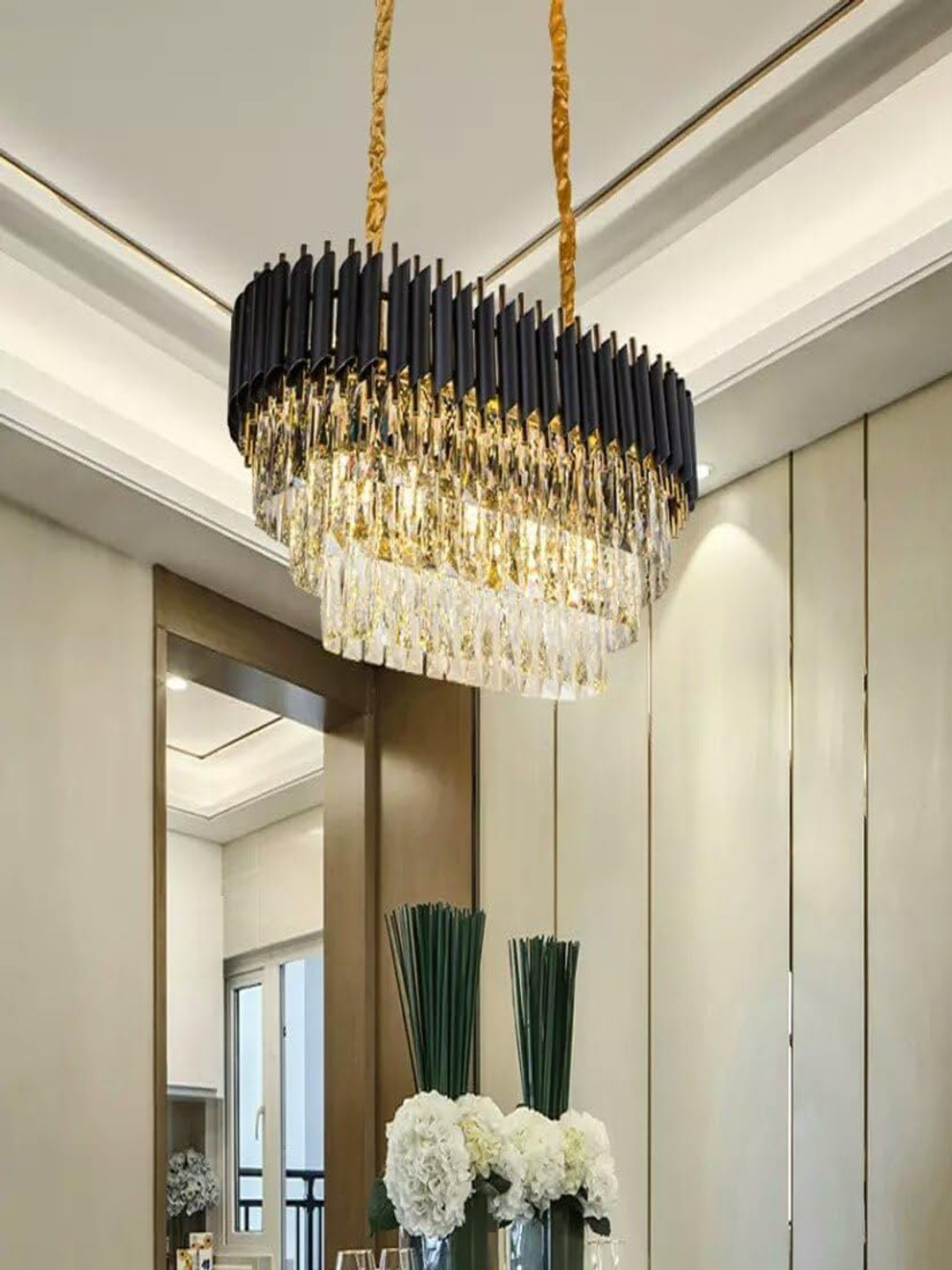 GAUVIK Black & Gold Toned Metal Oval Shaped Ceiling Lamp