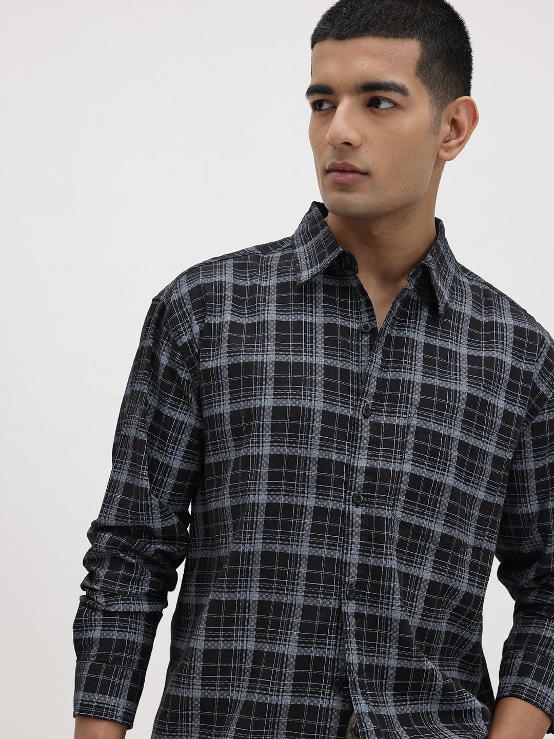The Roadster Life Co. Tartan Check Drop-Shoulder Sleeves Spread Collar Pure Cotton Shirt