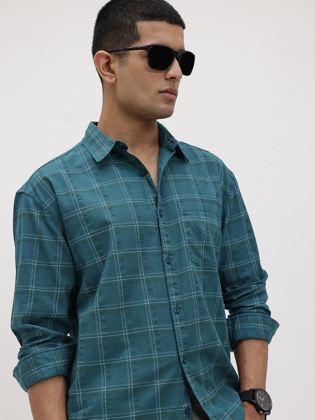 The Roadster Life Co. Tartan Check Drop-Shoulder Sleeves Spread Collar Pure Cotton Shirt