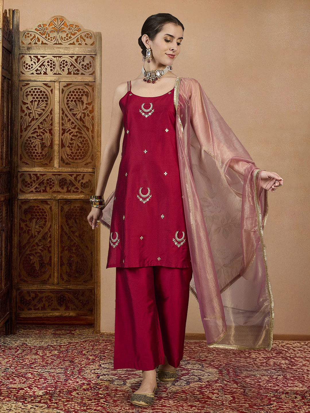House of Pataudi Embroidered Straight Kurta & Trousers With Dupatta