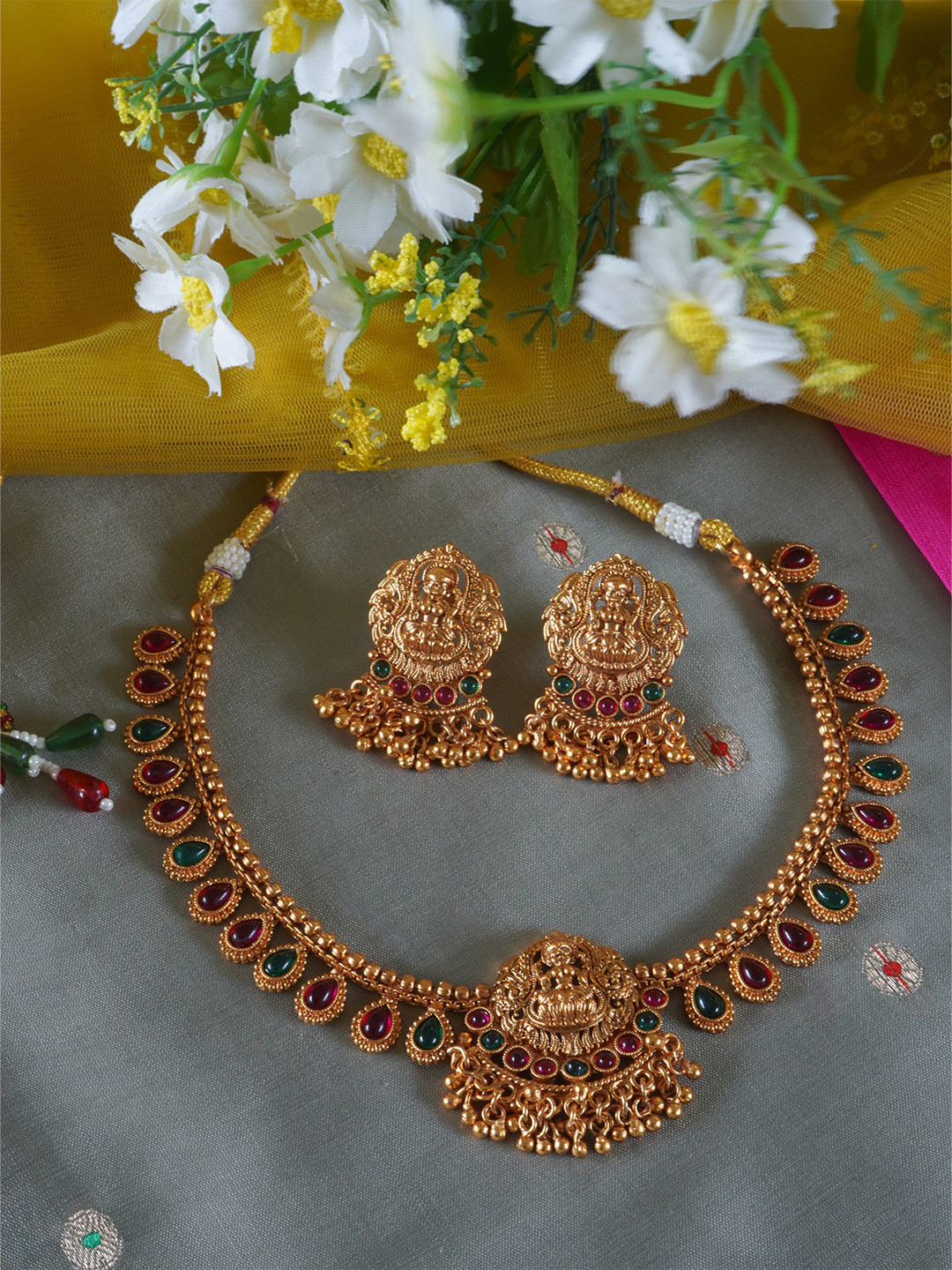 inc63-for elites Ruby n Emerald Studded Regal Laxmi Matte Finish Gold Necklace Set