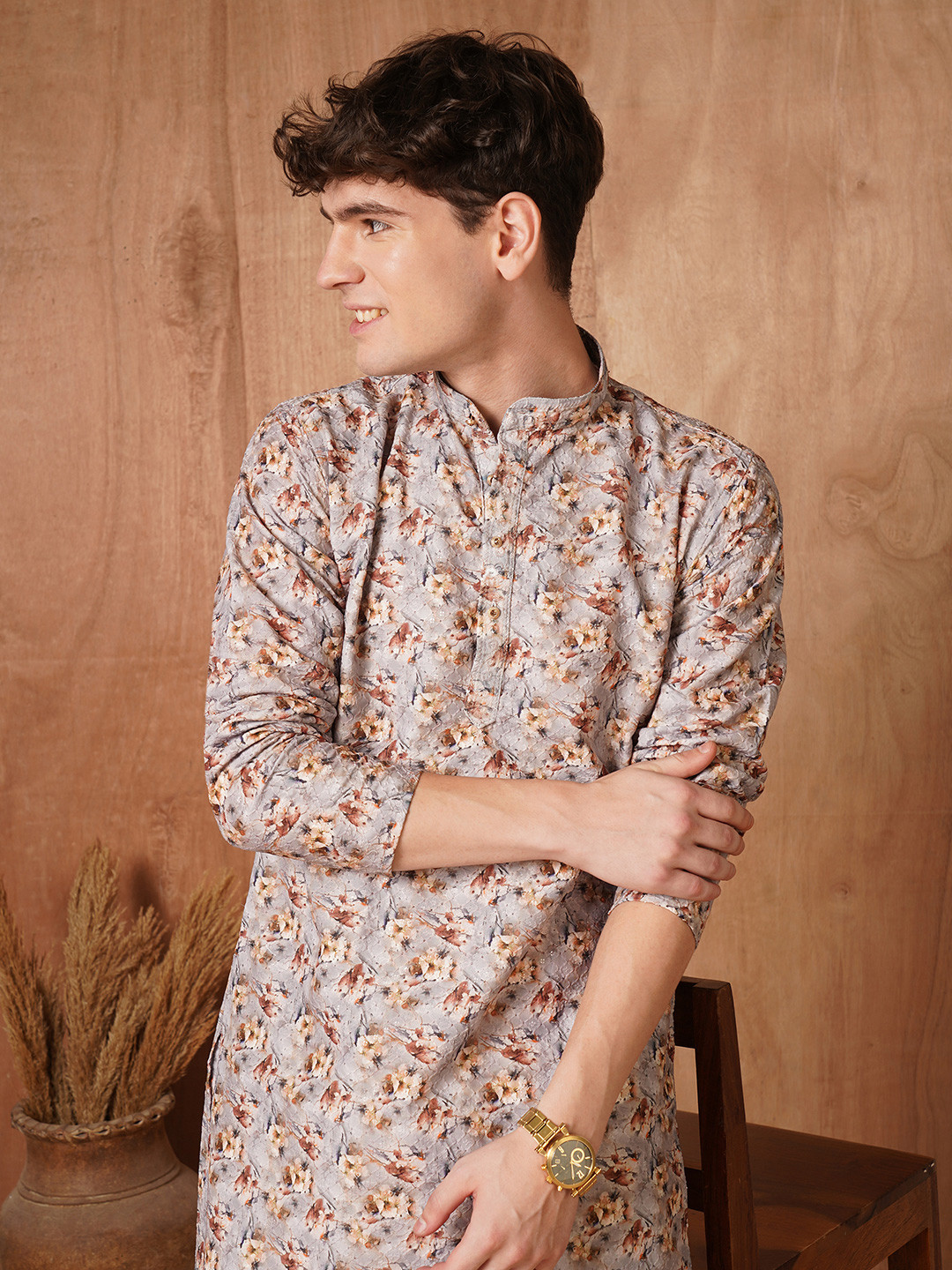 TRYBUY.IN Men Floral Printed Chikankari Indie Prints Cotton Kurta