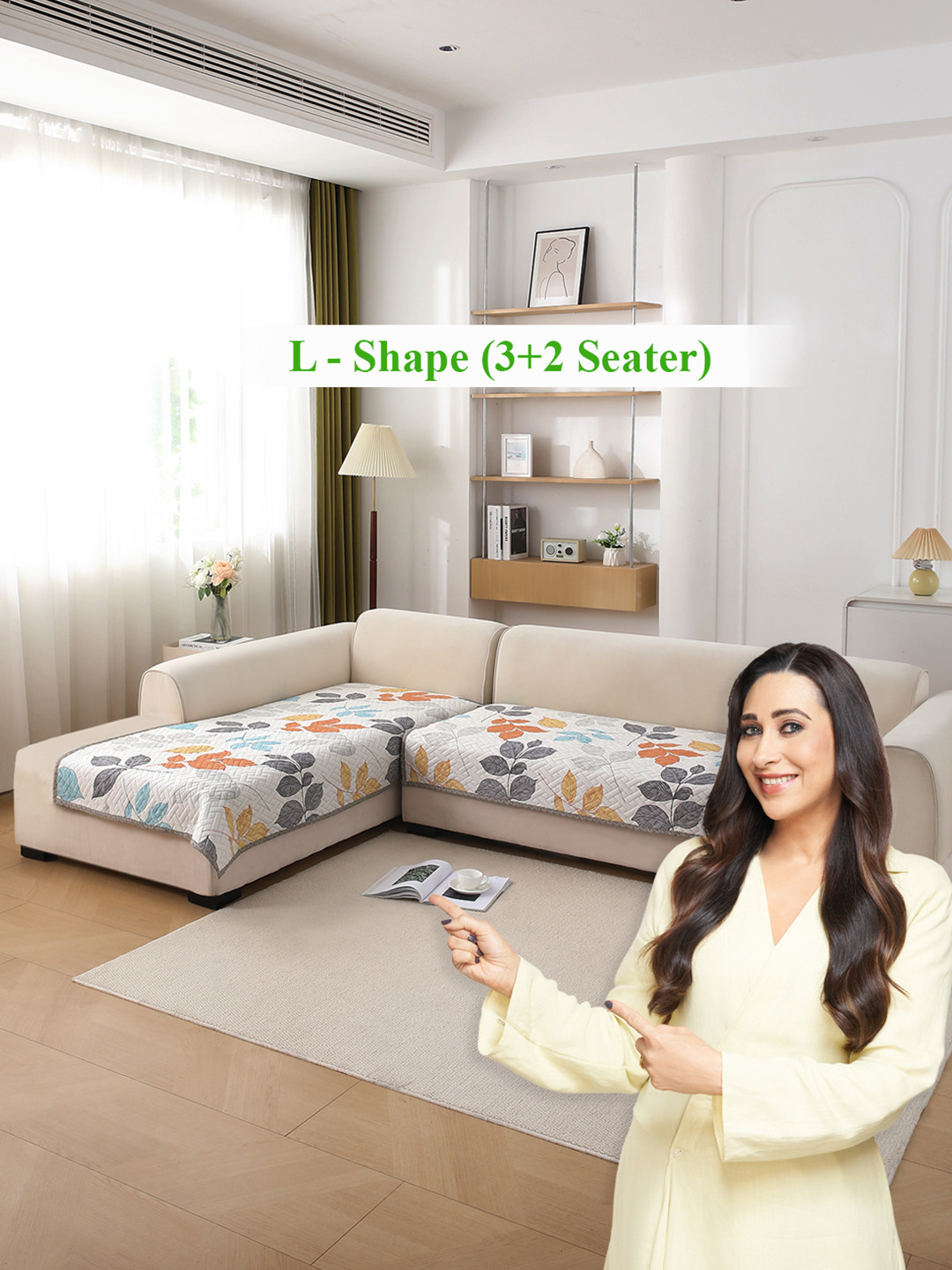 HOKIPO Multicolor Leaves Printed Quilted L Shape 3+2 Seater Sofa Cover Seat Mat