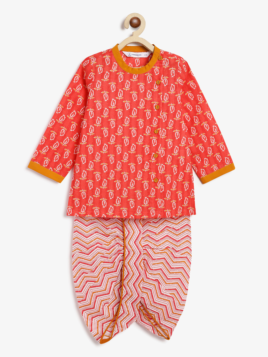 Campana Boys Floral Printed Angrakha Pure Cotton Straight Kurta With Dhoti Pants
