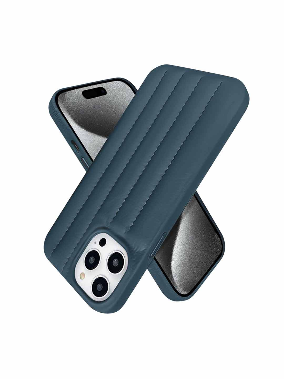 QRIOH iPhone 15 Pro Indigo Blue Stitch Leather Case